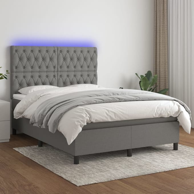 vidaXL - Boxspring - met - matras - en - LED - stof - donkergrijs - 140x200 - cm