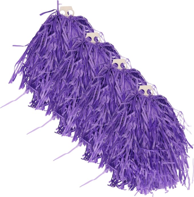 Cheerballs/pompoms - 4x - paars - met franjes en ring handgreep - 28 cm