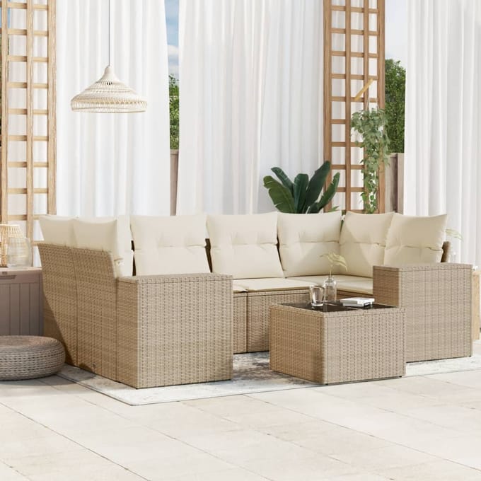 vidaXL - 7-delige - Loungeset - met - kussens - poly - rattan - beige