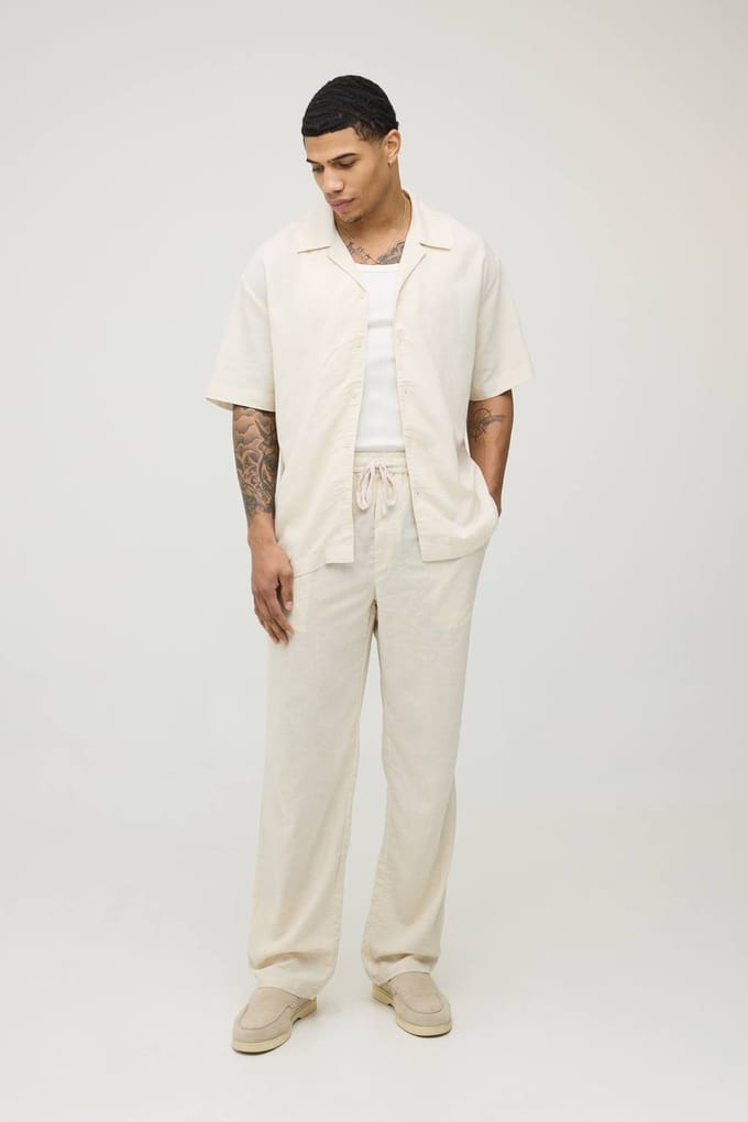 Vakantie Linnen Blend Oversized Shirt & Relaxed Broek Set | Natural | Size Medium