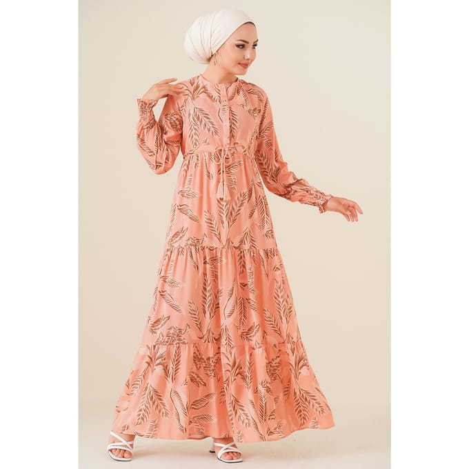 Bladprint Lange Mouw Tiered Maxi Jurk
