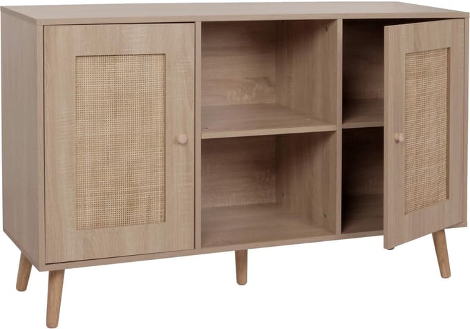 Sideboard MCW-M42, kast, commode, highboard, opbergvakken, Kubu-rotan, hout, melamine, eikenlook