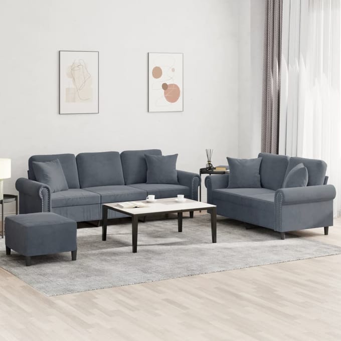 vidaXL - 3-delige - Loungeset - met - kussens - fluweel - donkergrijs