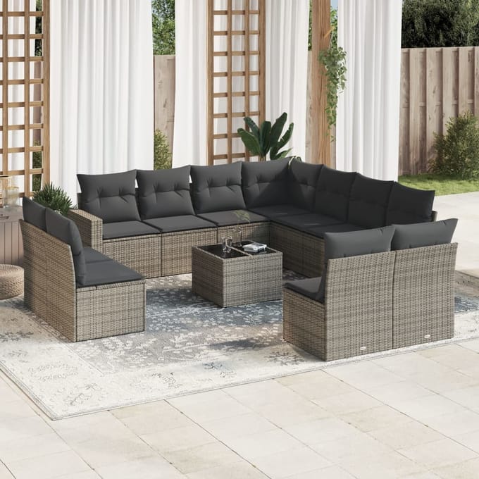 vidaXL - 12-delige - Loungeset - met - kussens - poly - rattan - grijs