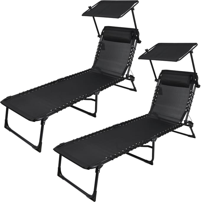 SET X 2 "LE PLAYA" LIGSTOELEN MET PARASOL EN KUSSEN ZWART