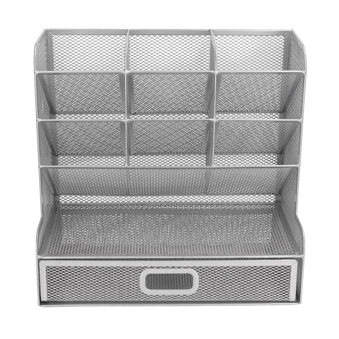 Mesh Pennenbak 9 Vakken met 1 Uitschuiflade Staande Opbergruimte IJzer Multifunctionele Pen gray