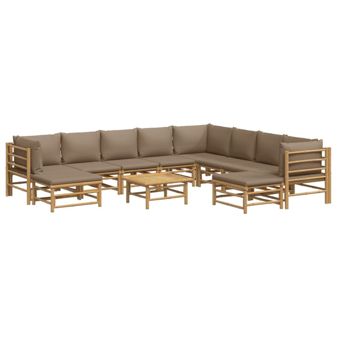 vidaXL - 11-delige - Loungeset - met - kussens - bamboe - taupe
