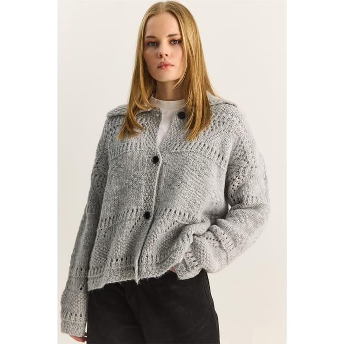 Gestructureerde Polo Kraag Knopen Cardigan