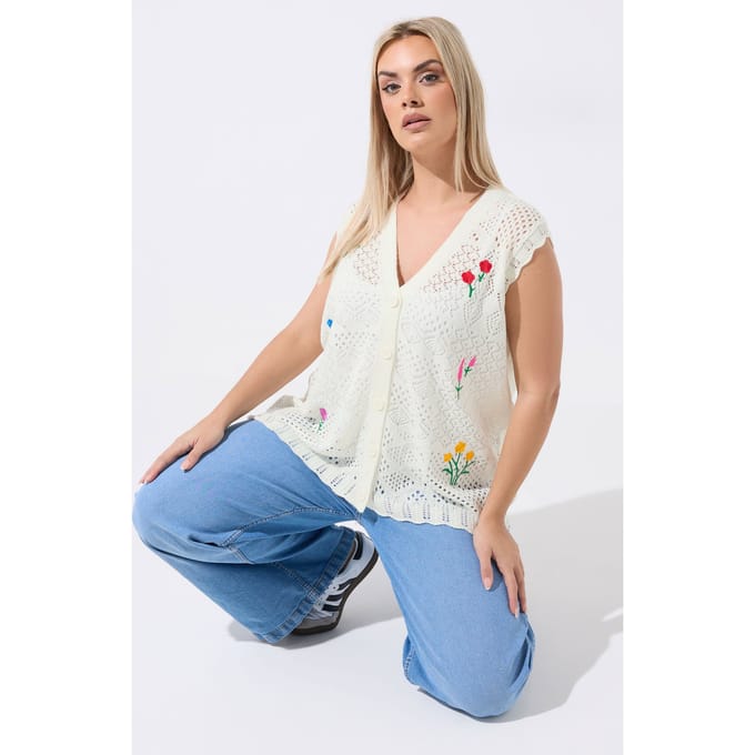 Limited Collection Crèmekleurig Gebreid Vest Met Geborduurde Bloemen Size 46-48