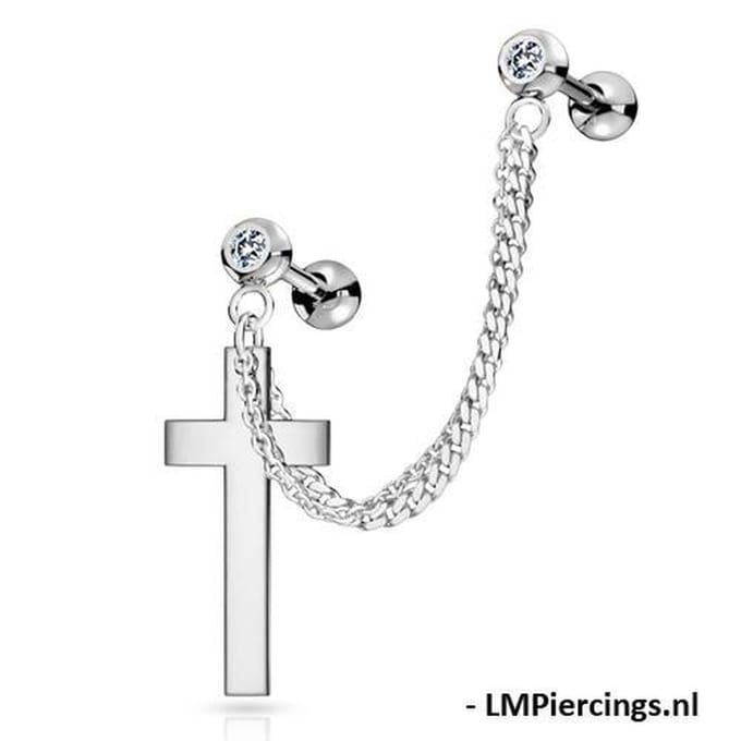 Piercing ketting met massief kruis hanger - zilver - LMPiercings