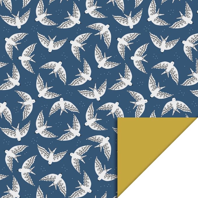 Cadeaupapier 70x300 cm - Birds Midnight Blue - Retro Yellow