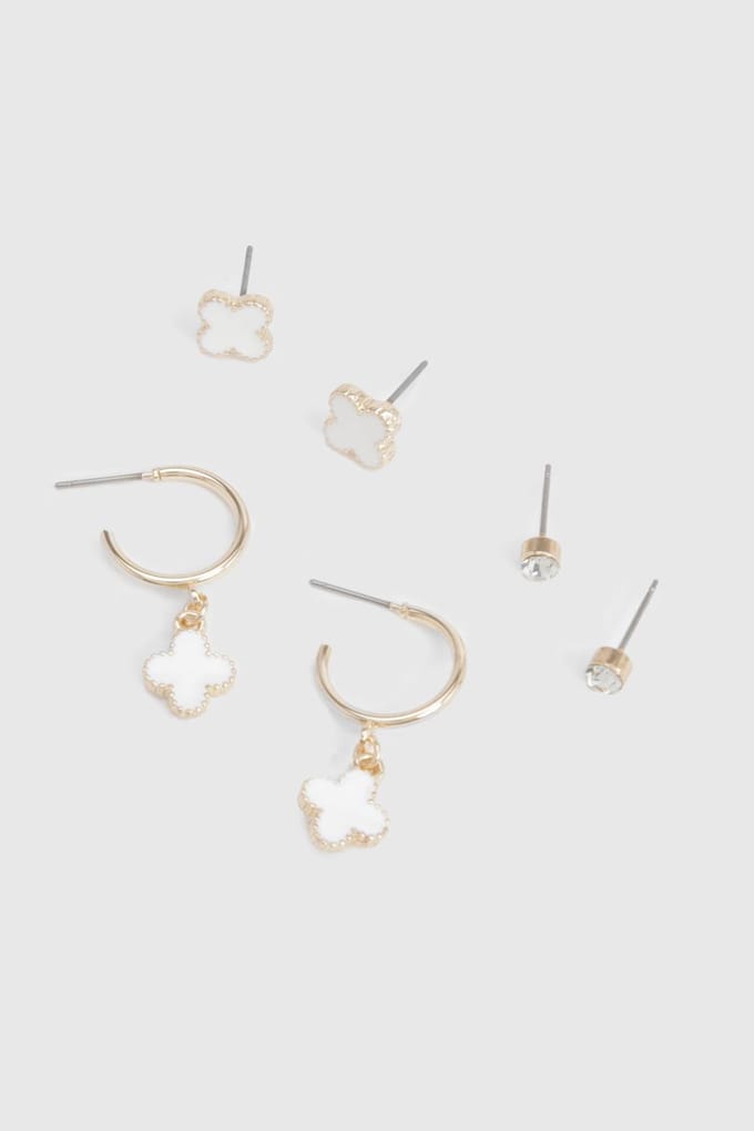 boohoo Dames Witte emaille klaver oorbellen 3-pack | Goud