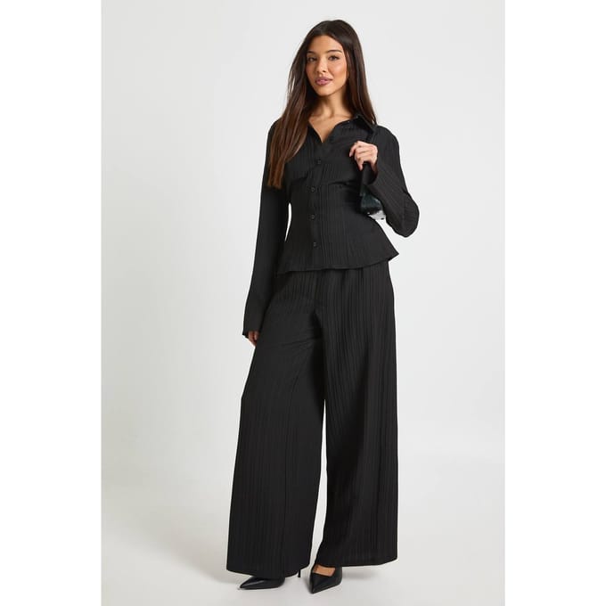 boohoo Dames Gestructureerd hemd met band aan de achterkant & broekset | Zwart | Maat: 34