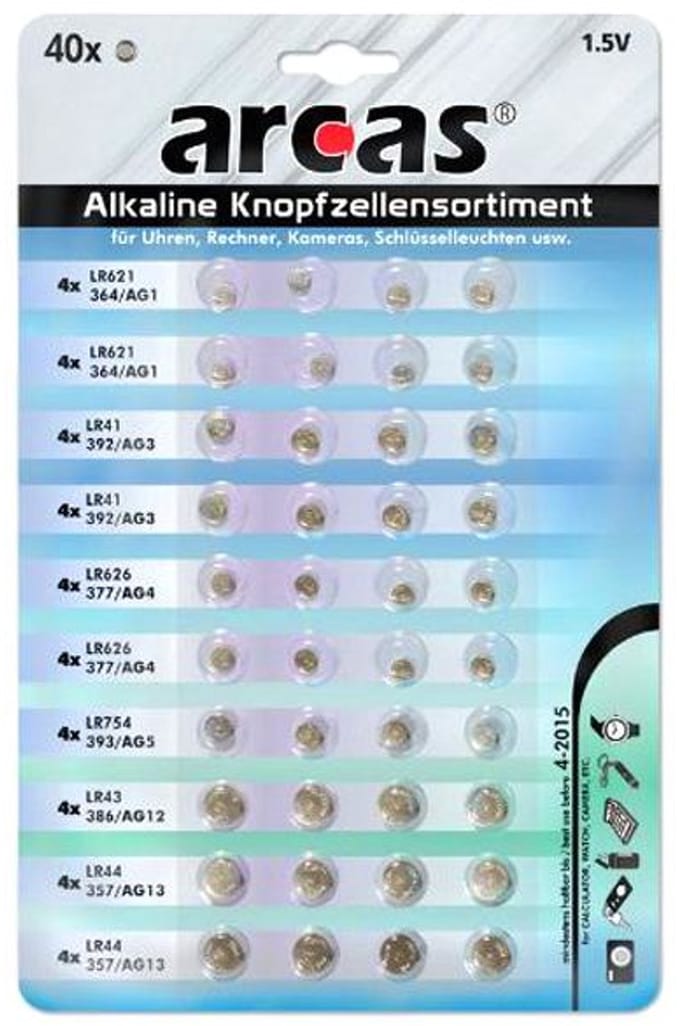 Batterij Arcas knoopcel set AG1-AG13 (40 stuks)