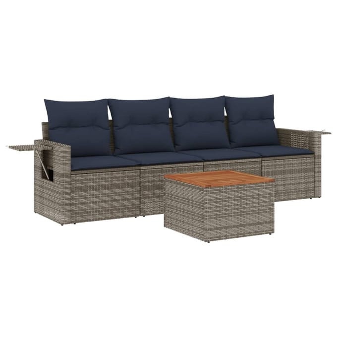vidaXL - 5-delige - tuinbankset - met - kussens, - grijs - polyrotan