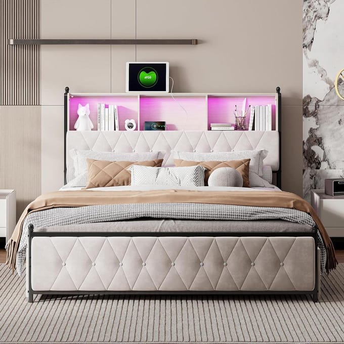 Gestoffeerd Bed - Tweepersoonsbed - Moderne Slaapkamer - Met LED en USB - 160x200 cm - Beige