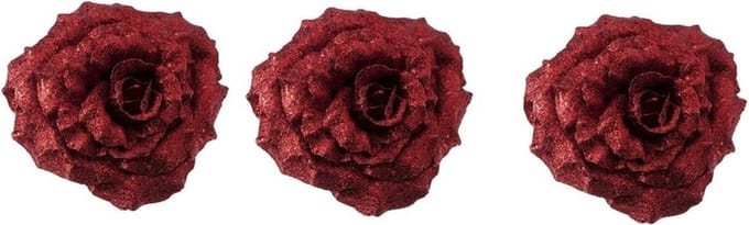 Cosy & Trendy kerstboomversiering bloem op clip - 3x - rood - glitter - 18 cm - kerstdecoratie - rode roos