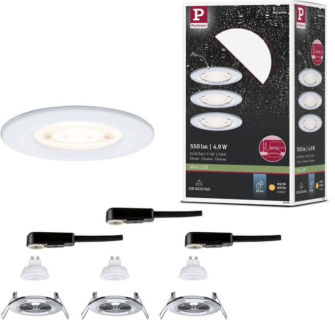 LED-inbouwlamp Nova GU10 Flat stijf IP44 3x4,9W 3x550lm 230V 2700K Chroom