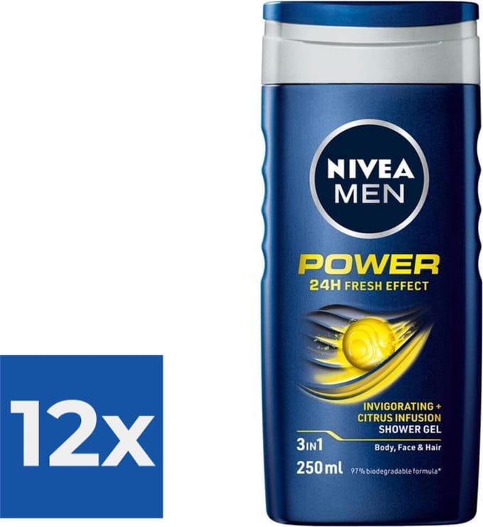 NIVEA Men Douchegel - Power Refresh - Voordeelverpakking 12 x 250 ml