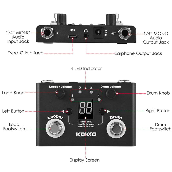 KOKKO multifunctionele drum- en looper-effectpedaaltuner BT Page-Turner Phrase Loop-opnamedrum zwart