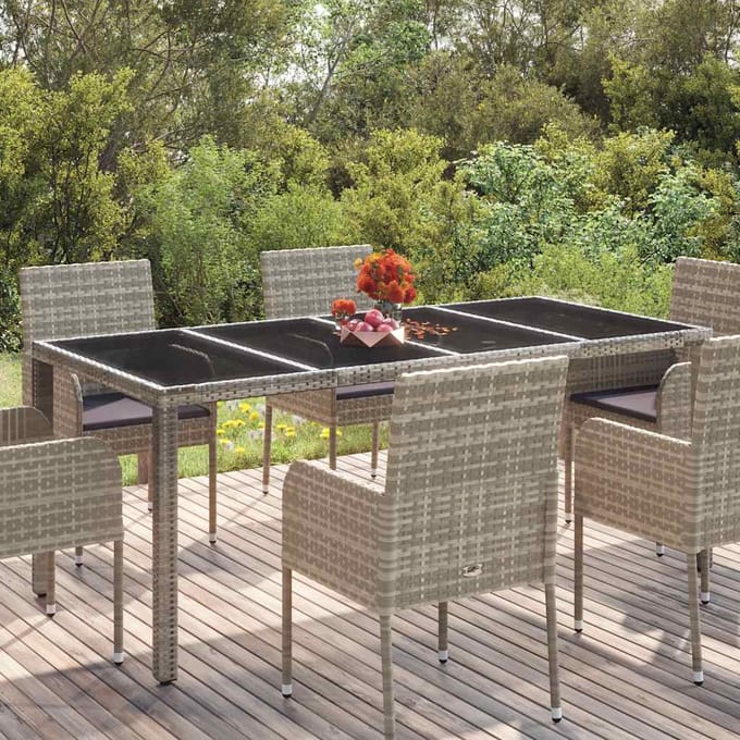 vidaXL - Tuintafel - met - glazen - blad - 190x90x75 - cm - poly - rattan - grijs