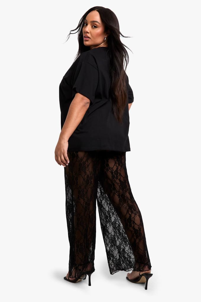 boohoo Dames Plus Kanten Wijde Broek | Black | Maat: 26