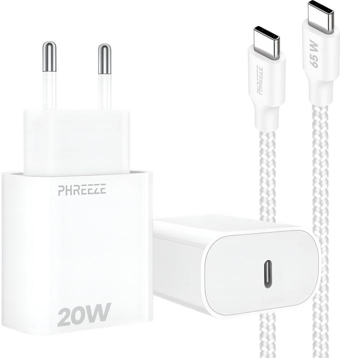 20w oplader met usb C poort met usb C kabel 1 meter gevlochten wit - Usb C naar usb C - Snellader