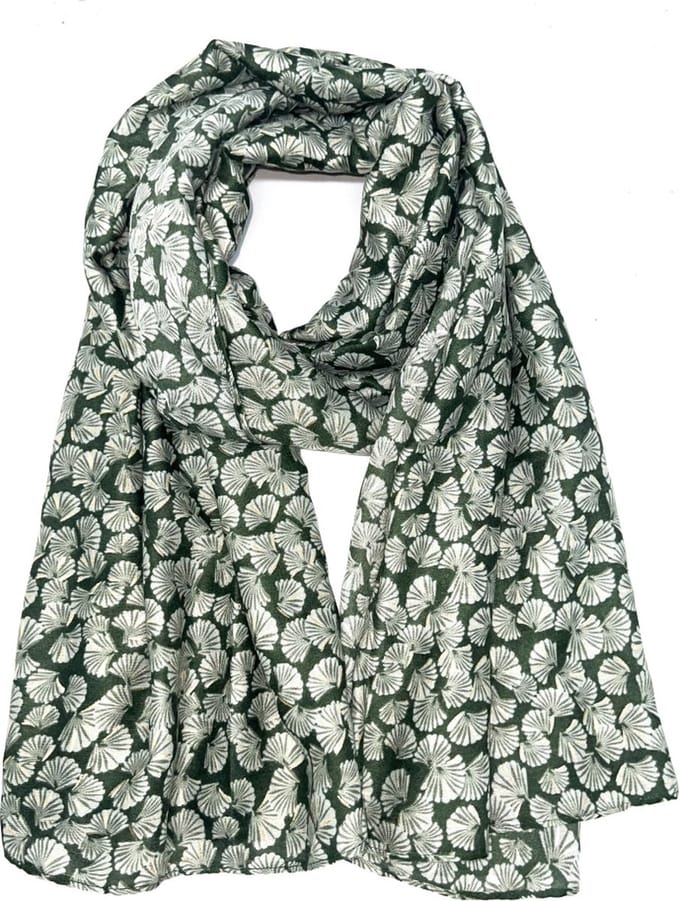 Lange dames sjaal Kamela gingko bladmotief groen goud mos mint stone