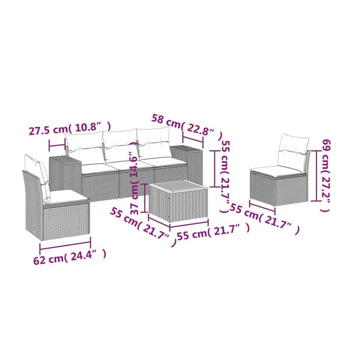 vidaXL - 6-delige - Loungeset - met - kussens - poly - rattan - beige