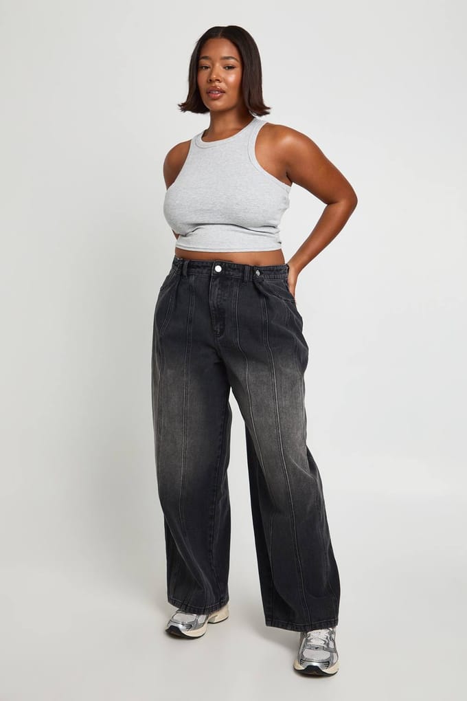 boohoo Dames Plus Verstelbare Taille Wijde Pijpen Jeans | Washed Black | Maat: 46