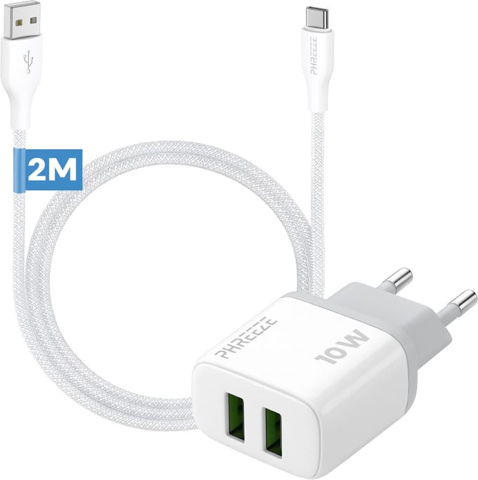 Phreeze 12w usb adapter - Usb naar usb C kabel 2 meter - 5v 2a power adapter met 2 poorten voor usb C smartphone tablet ereader controller - Oplader