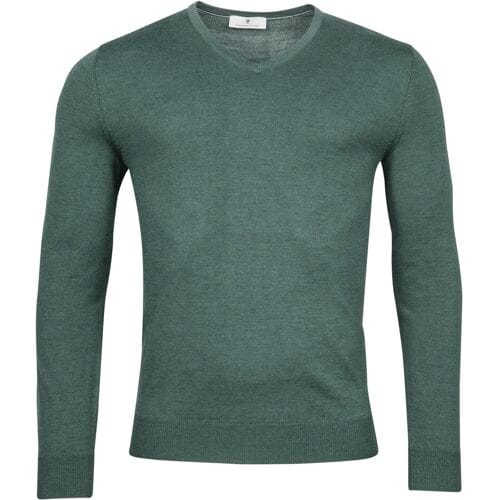 Thomas Maine Trui V-Neck Single Knit Merinowol Pine Green / male