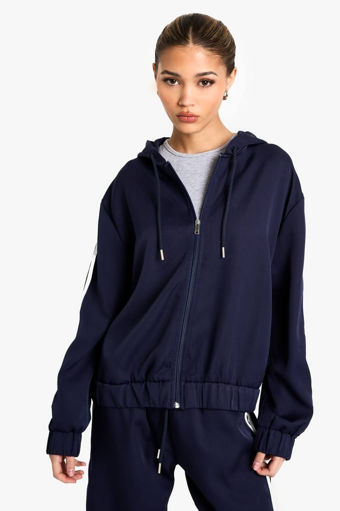 boohoo Dames Side Stripe Woven Zip Through Tracksuit Top | Marineblauw | Maat: 36