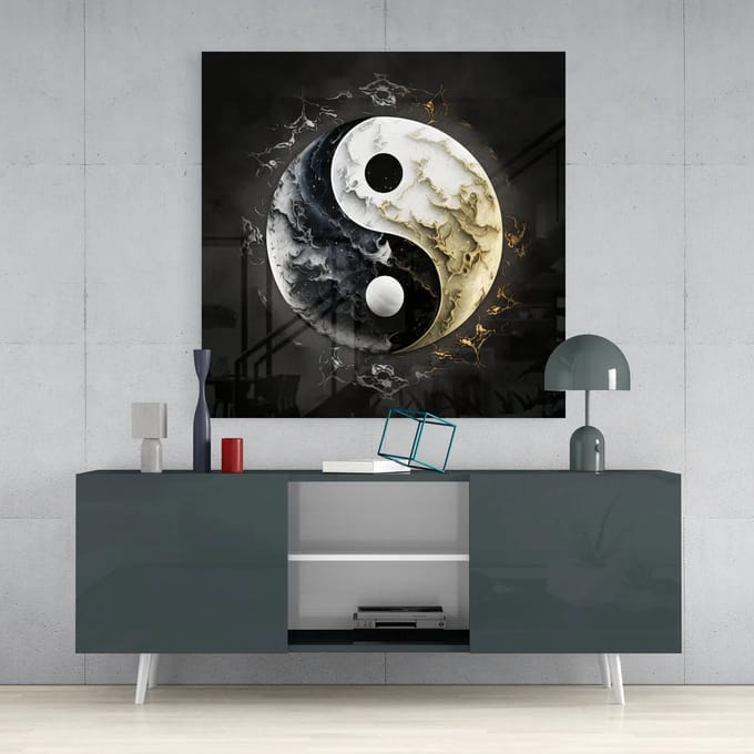 Glasschilderij Vierkant Yin Yang Abstract – Zwart Wit Goud Kunst - 100x100 cm