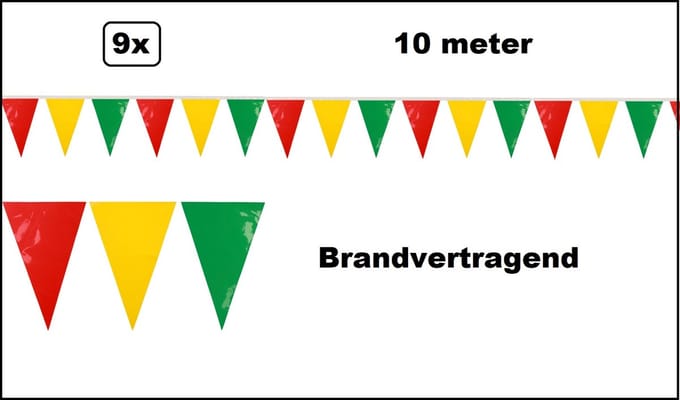 9x Vlaggenlijn rood/geel/groen brandvertragend 10 meter