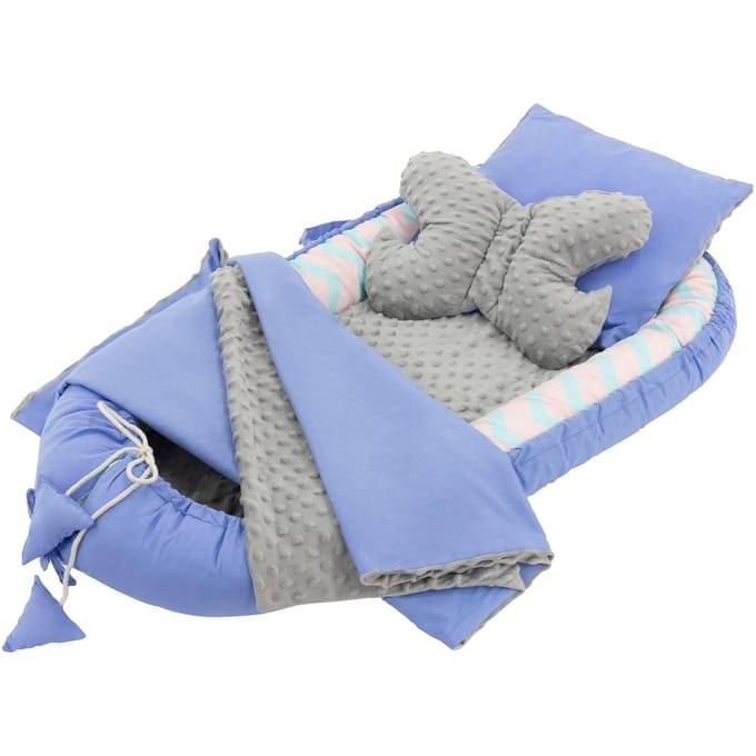 Joyz 5-delige babynest set walvisprint blauw minky katoen 90x50 cm dubbelzijdig antiallergisch draagbaar inclusief knuffeldoekje kussen uitneembare matras multifunctioneel babynest cocoon reisbedje voor pasgeborenen verstelbaar wiegje jongen meisje