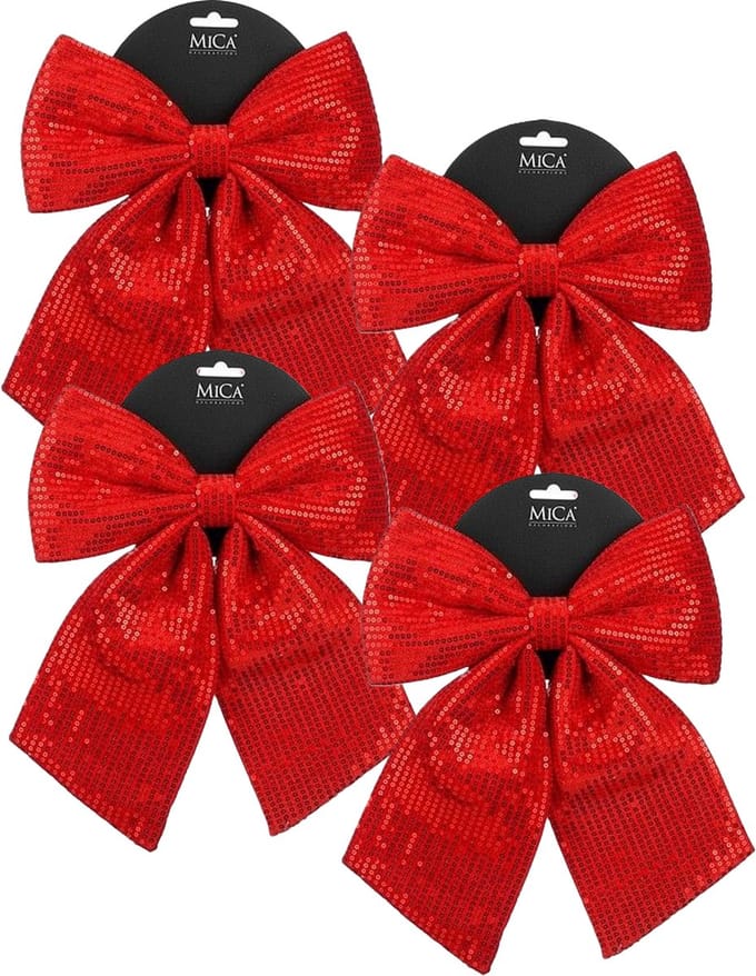 Mica Decorations Kerst strik ornament - 4x - rood - 24 x 28 cm - polyester pailletten- kerststrik