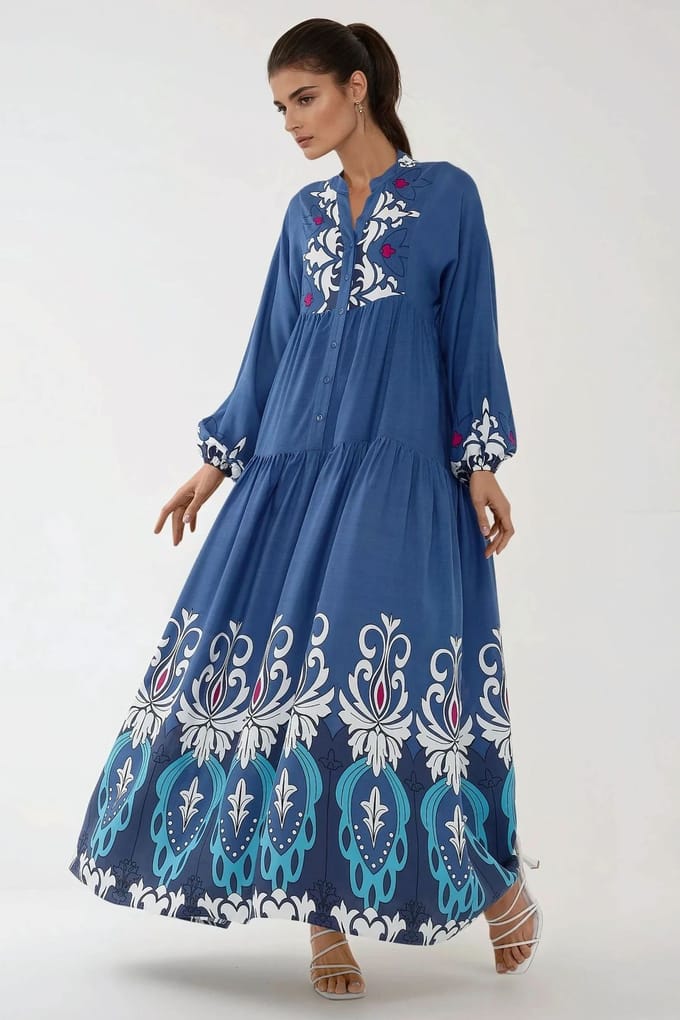 Gedrukte Lange Mouwen Viscose Maxi Jurk