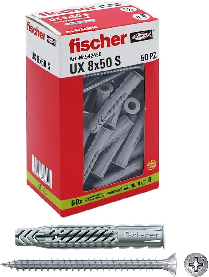 Fischer 50 dowels UX with screw, 8 x 50 mm with screw, for masonry, perforated brick, plasterboard, 542456, grey