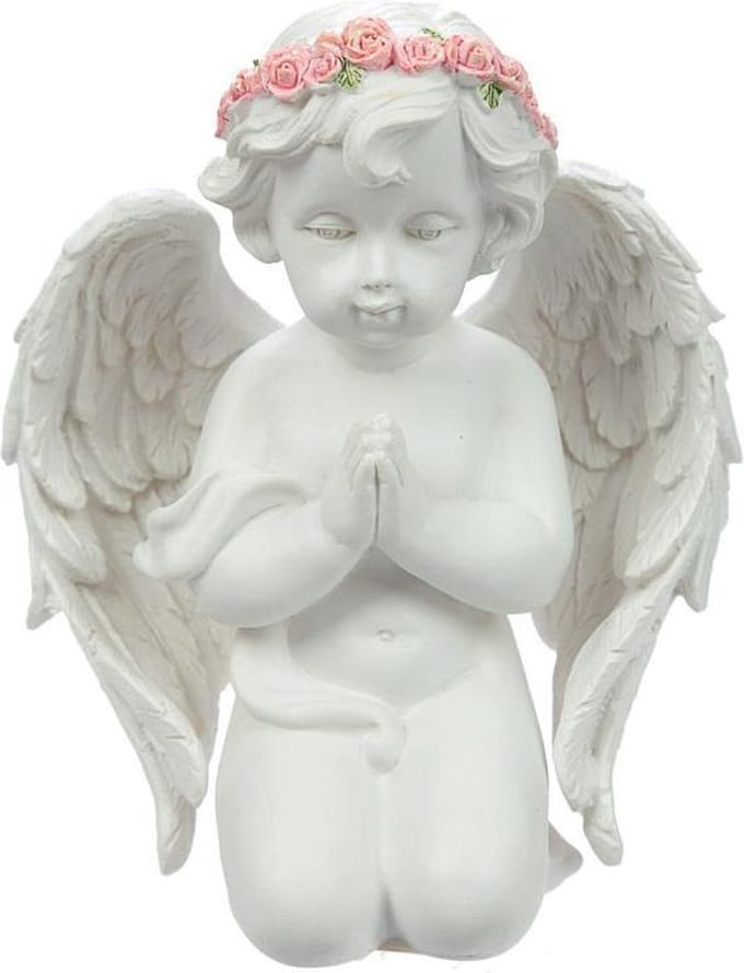 Biddende  Engel Cherubijn met rozen Hoogte 13cm Breedte 10.5cm Diepte 8cm Wit Roze