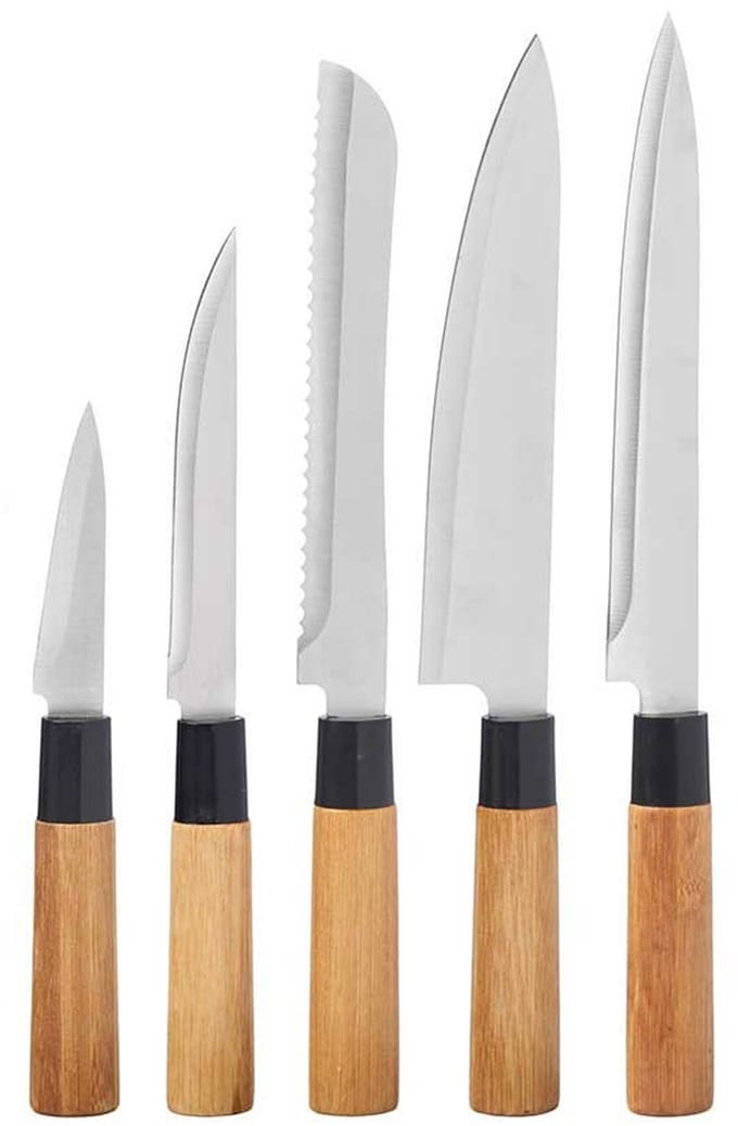 Kinvara chef keuken messen set - 5 delig - rvs metaal/bamboe - complete set