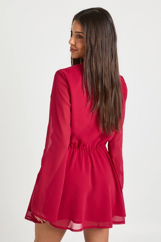 boohoo Dames Chiffon Diepe Cowl Mini Jurk | Framboos | Maat: 36