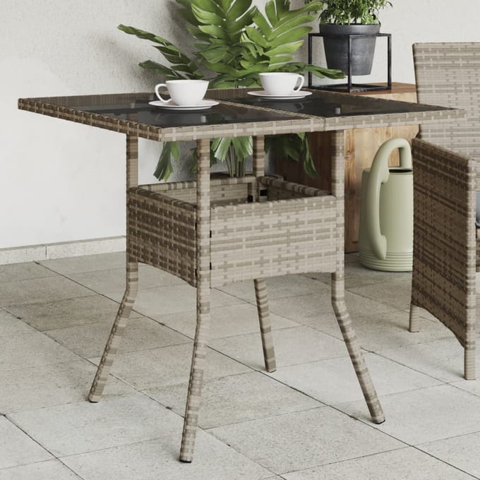 vidaXL - Tuintafel - met - glazen - blad - 80x80x75 - cm - poly - rattan - grijs