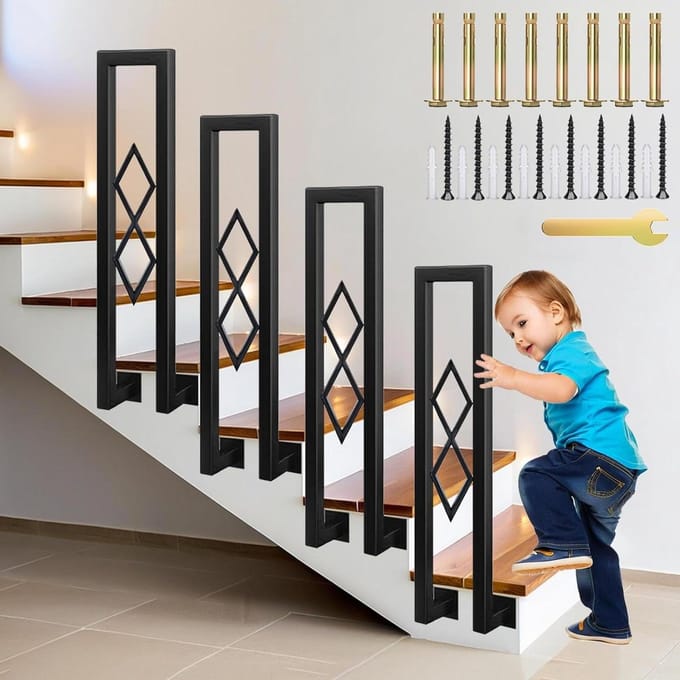 Trapleuning Metaal - U-vormige Leuning - Veilig Traplopen - Diamant Patroon - 85 cm - Zwart