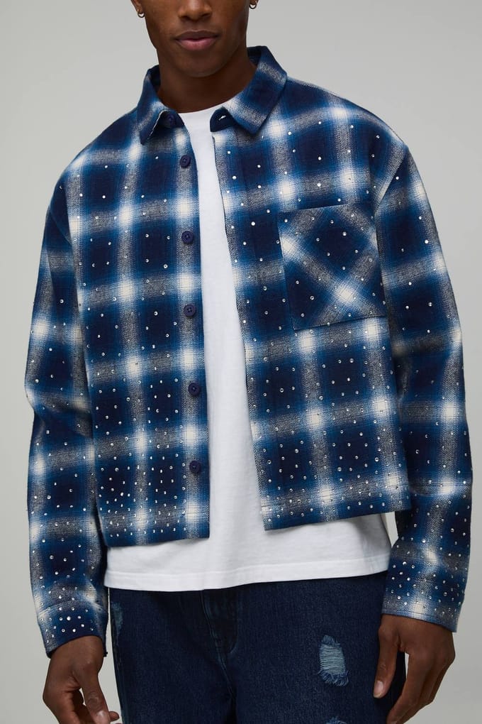 Oversized Crop Scatter Rhinestone Shirt | Blue | Size 3XL