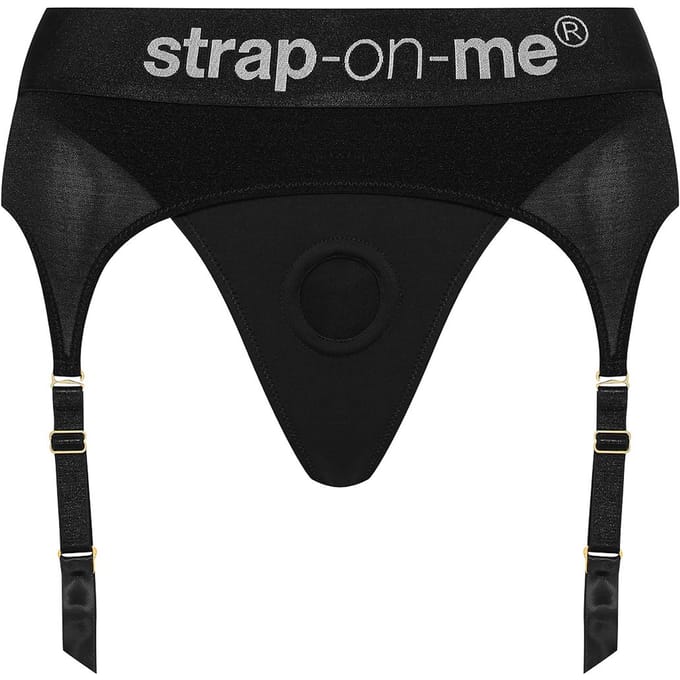 Strap-On-Me - Comfortabel Strap-on Voorbinddildo Harnas Van Microfiber Met Jarretels - Rebel - Zwart M
