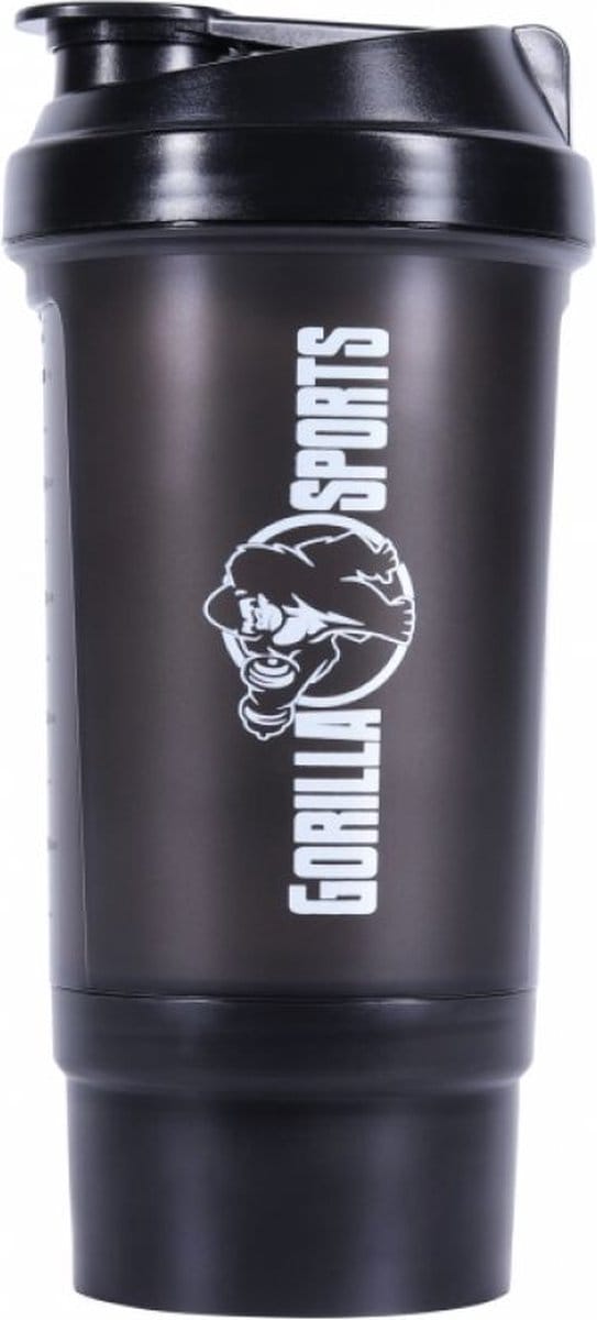 Gorilla Sports Shakebeker - Shaker - Met Poeder Opslag - 500 ml - Zwart