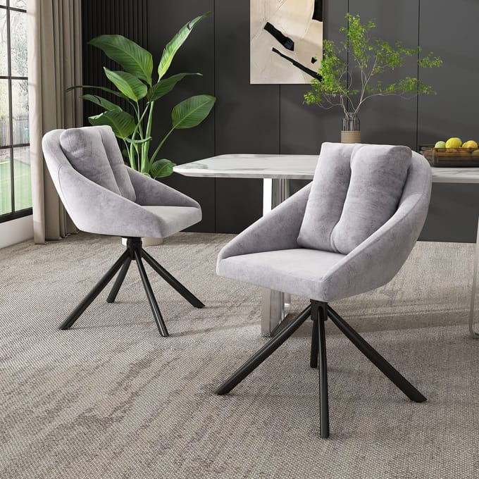 MODFU Stoel set van 2, gestoffeerd fluweel, draaibaar met wielen, metalen frame, ergonomisch modern ontwerp, grijs