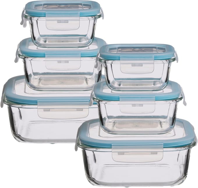 5Five Vershoudbakjes met deksel - glas - set 6x stuks - 330/530/1180 ml - luchtdicht - met clips