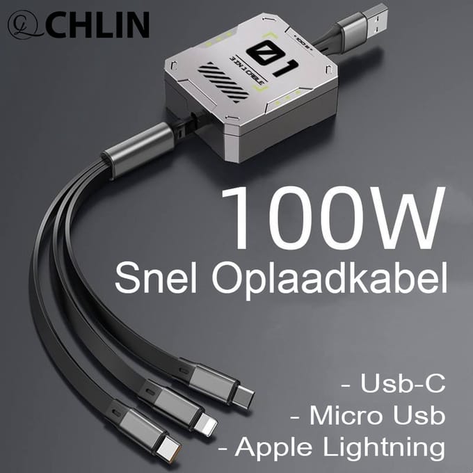 CL CHLIN® Retractable 01 100w USB Oplaadkabel en Datakabel voor iPhone, Samsung, Google Pixel en Android Smartphones - Multifunctionele Universele USB kabel - MFI Gecertificeerde Oplaadkabel - Oprolbaar USB-C oplaadkabel - Lightning kabel - micro usb